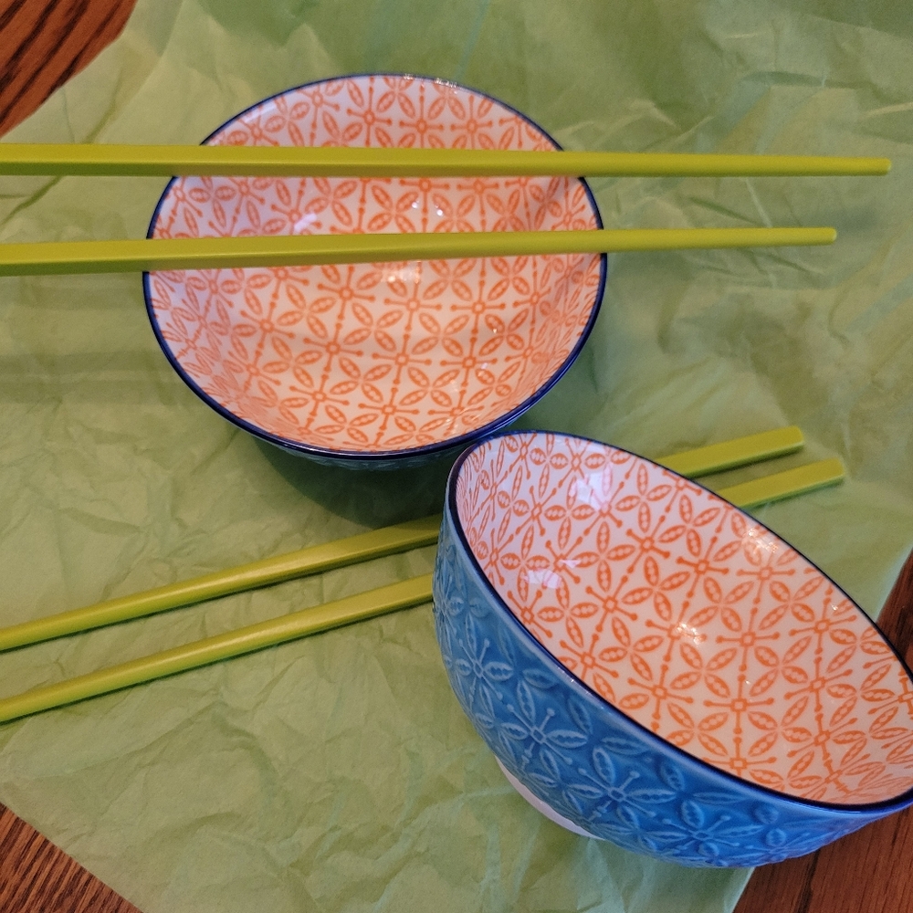 BIA Rice Ramen Cereal Soup Ice Cream Bowls ~ Blue & Orange ~ Pretty! ~ Like New! - Picture 8 of 16